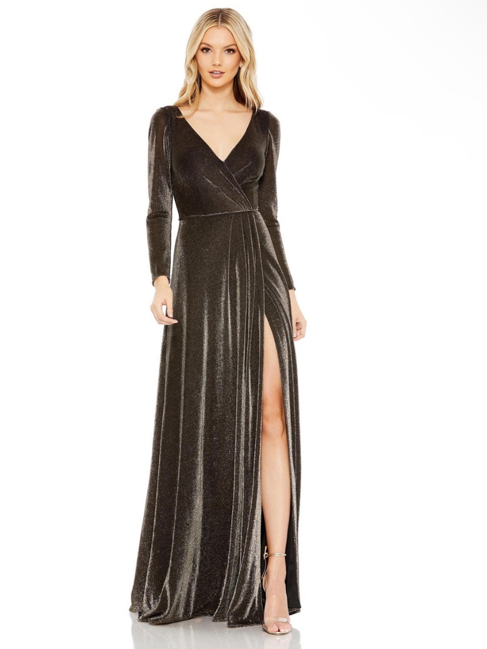 Mac Duggal Metallic Black Wrap Gown with High Slit